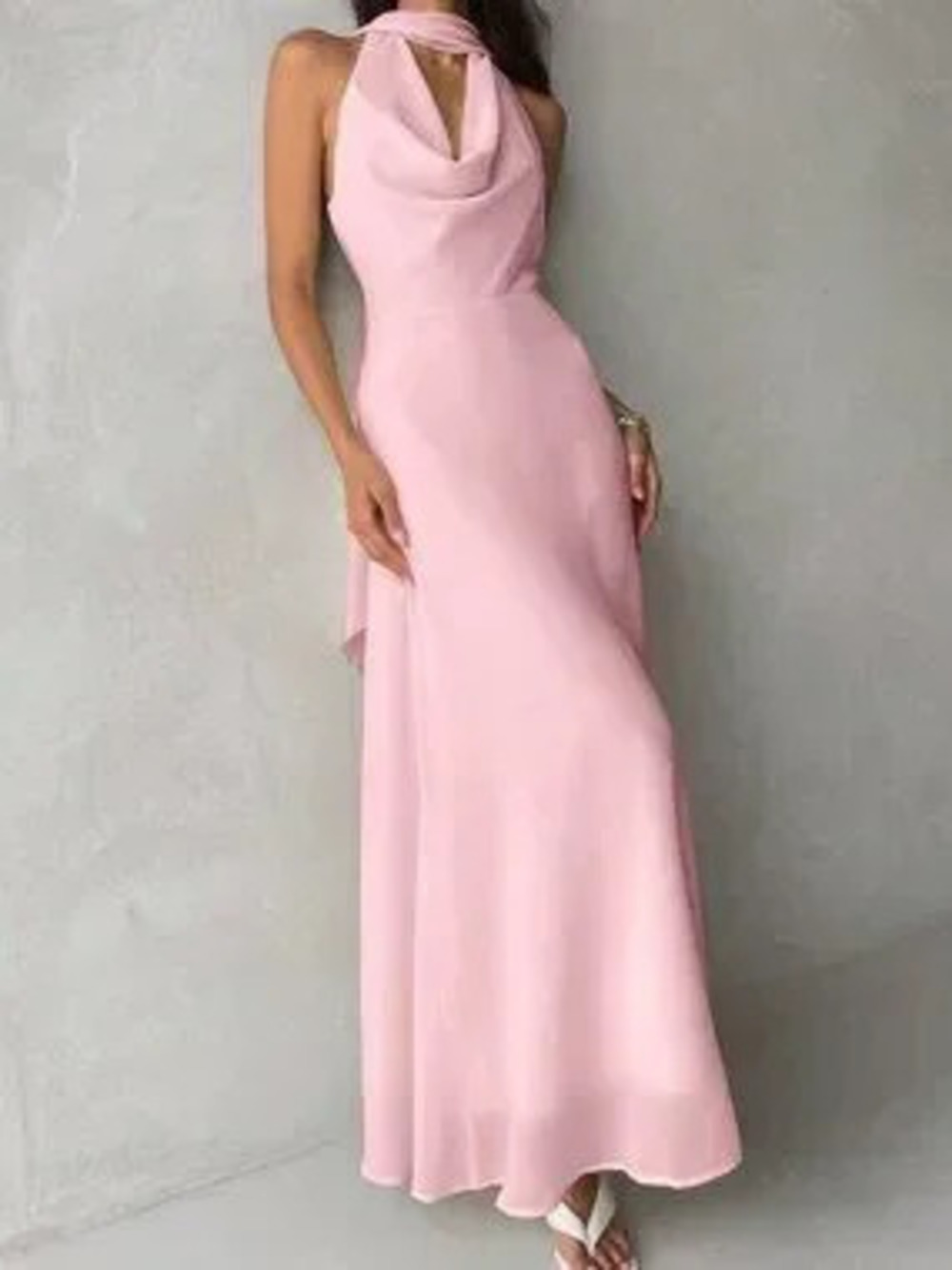 ZARA Baby Pink Elegant Women's Plunging Neck A-Line Flowy Tie Back Dress